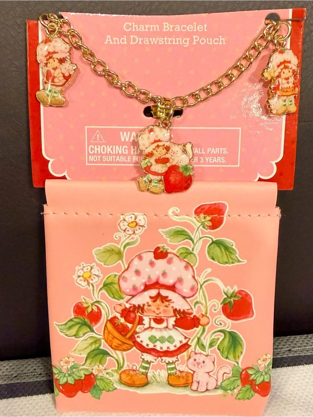 Strawberry Shortcake  Pink Charm Bracelet with Drawstring Pouch. NWT A25